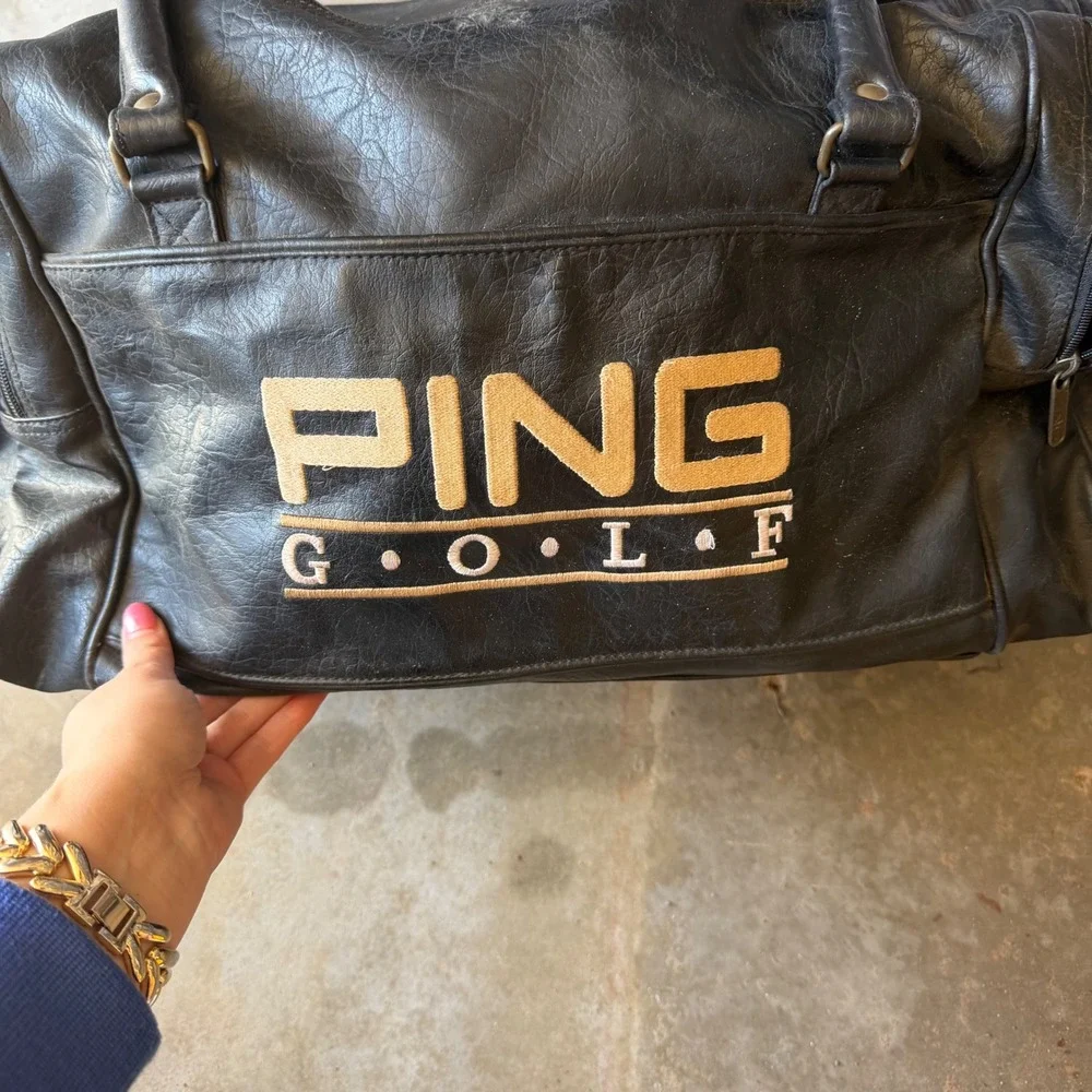 Vintage Ping Golf Vintage Black Leather Duffle Bag Travel‎ Gym Sport Logo Large